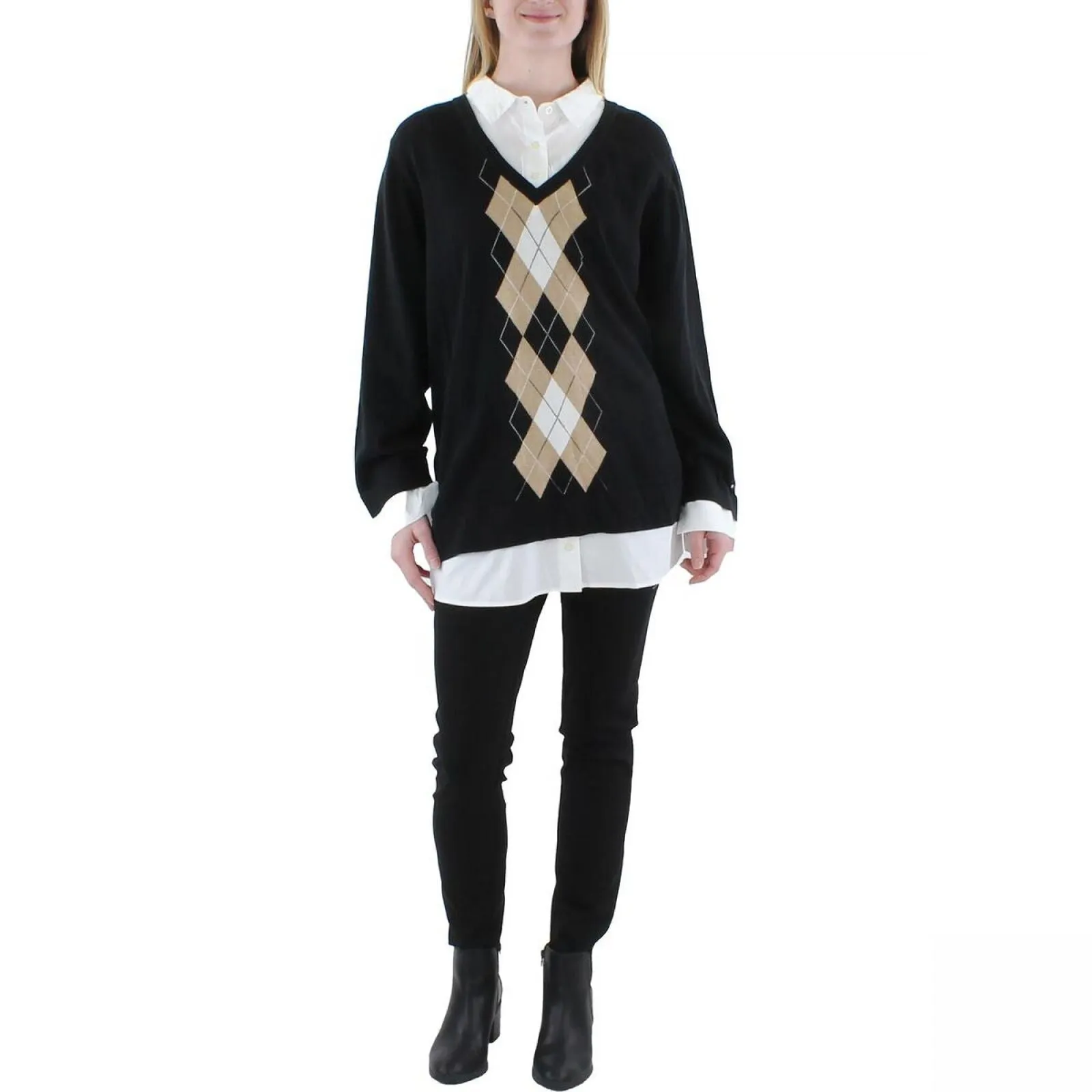 Tommy Hilfiger Plus Size Cotton Argyle Layered-Look Sweater Black Multi 2X