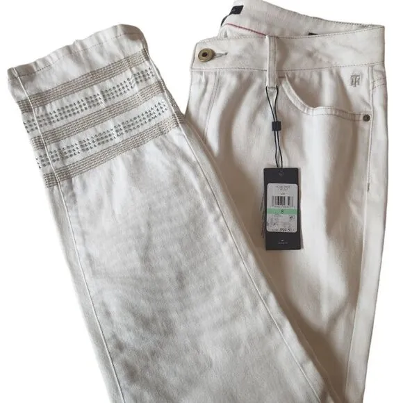 Tommy Hilfiger White Greenwich Midrise Straight Jeans with Rhinestones Size 8