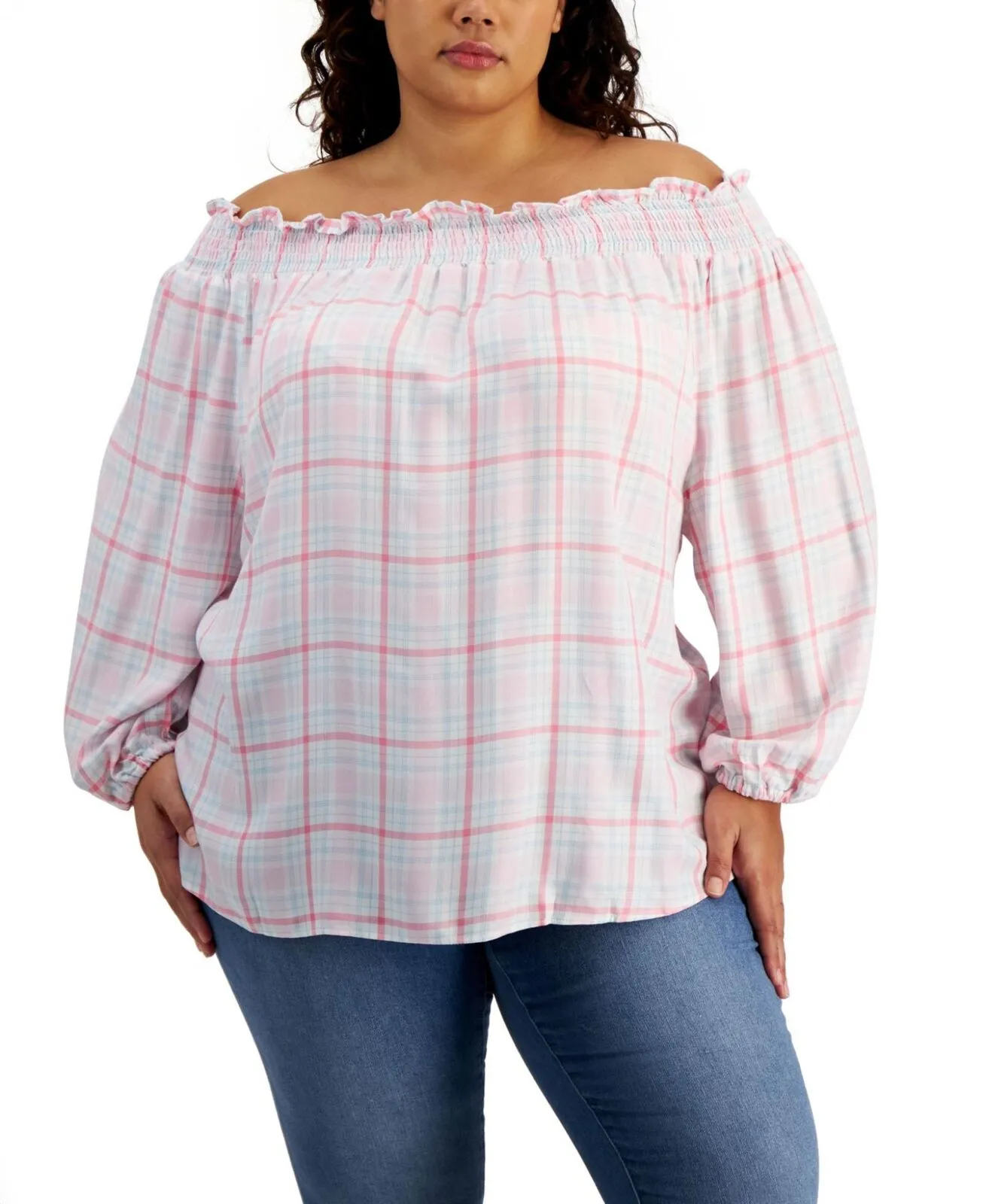 Tommy Hilfiger Womens Plus Size Off-The-Shoulder Plaid Top W2BMH099