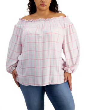 Tommy Hilfiger Womens Plus Size Off-The-Shoulder Plaid Top W2BMH099