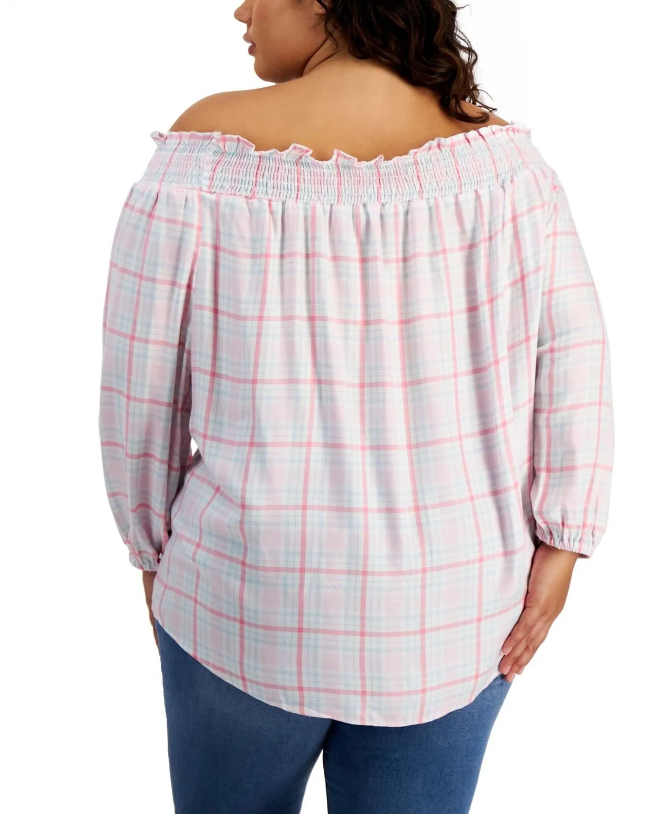 Tommy Hilfiger Womens Plus Size Off-The-Shoulder Plaid Top W2BMH099