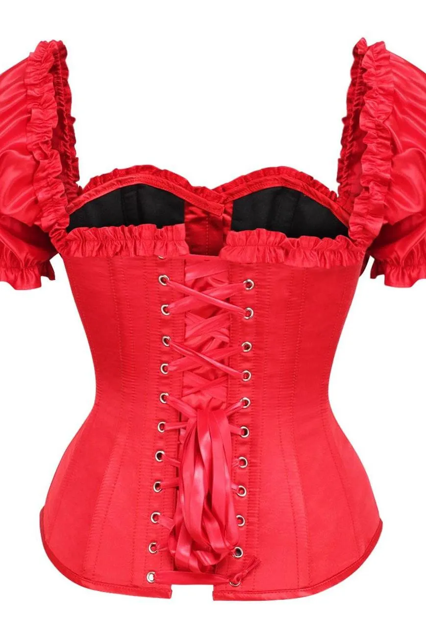 Top Drawer Steel Boned Red Satin Overbust Corset w/Sleeves