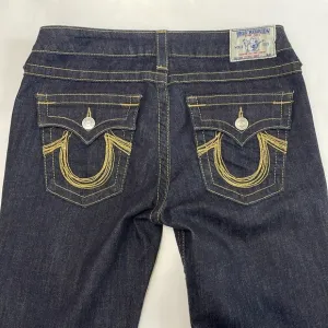 True Religion Dark Wash High Rose Boot Jeans Size 30 Gold Metallic Beading