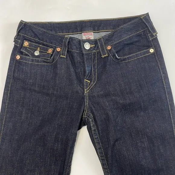 True Religion Dark Wash High Rose Boot Jeans Size 30 Gold Metallic Beading