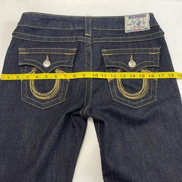 True Religion Dark Wash High Rose Boot Jeans Size 30 Gold Metallic Beading