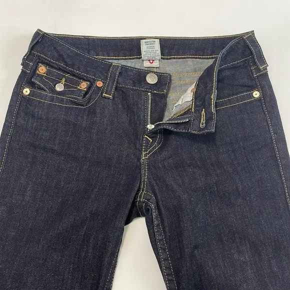 True Religion Dark Wash High Rose Boot Jeans Size 30 Gold Metallic Beading