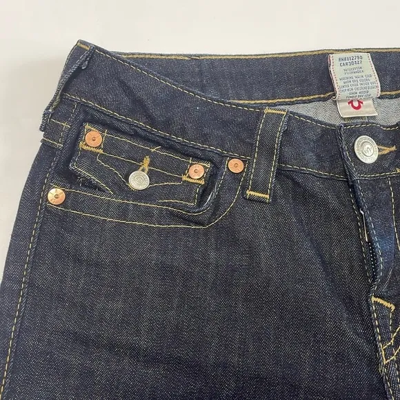 True Religion Dark Wash High Rose Boot Jeans Size 30 Gold Metallic Beading