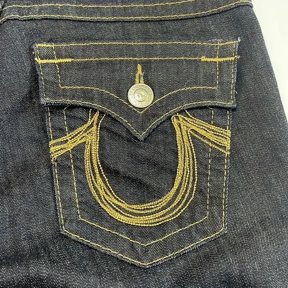 True Religion Dark Wash High Rose Boot Jeans Size 30 Gold Metallic Beading