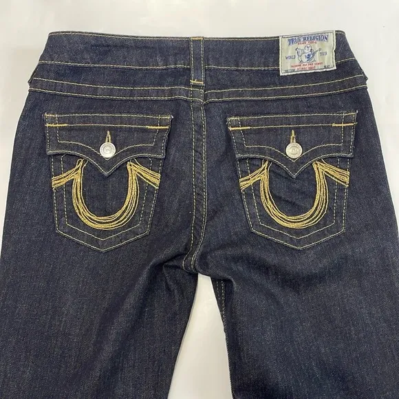 True Religion Dark Wash High Rose Boot Jeans Size 30 Gold Metallic Beading