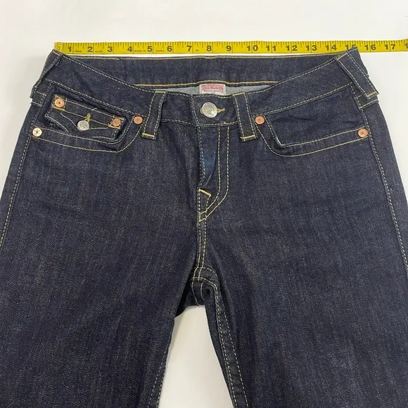 True Religion Dark Wash High Rose Boot Jeans Size 30 Gold Metallic Beading