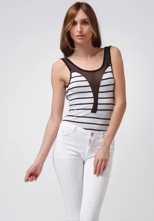 Uptown Basic Black And White Striped Mesh Bodysuit
