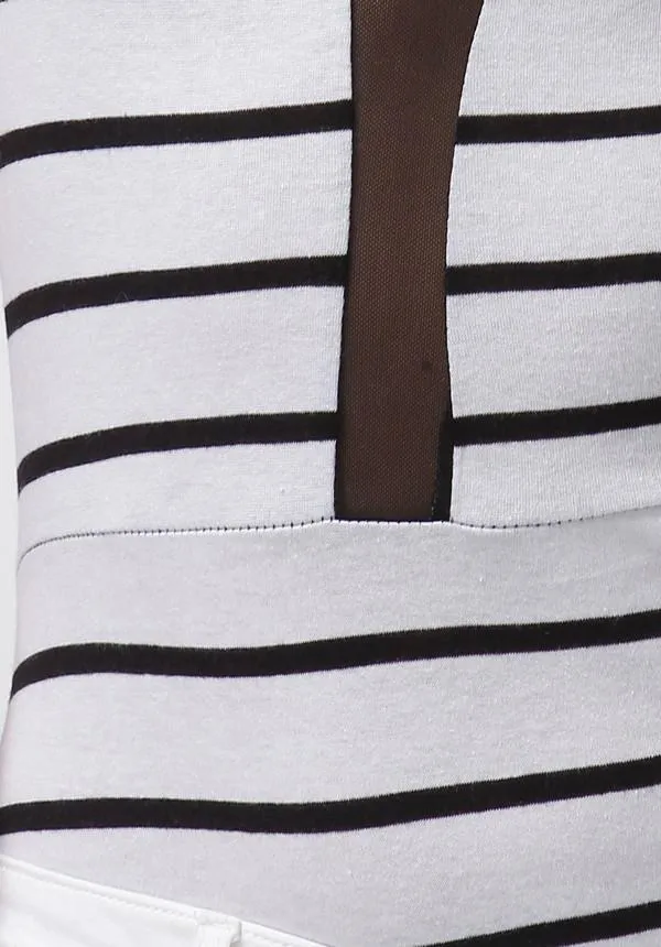 Uptown Basic Black And White Striped Mesh Bodysuit