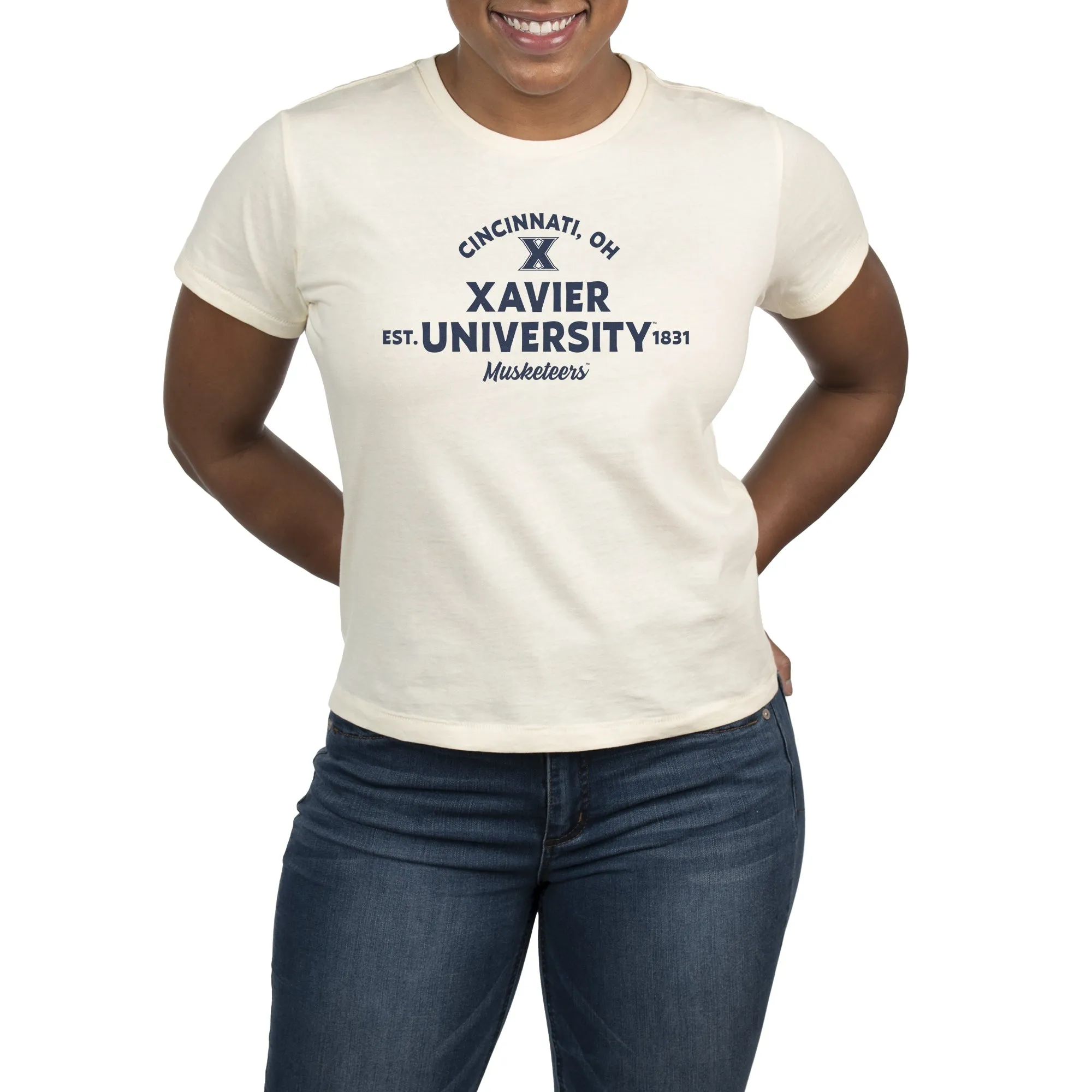 USCAPE Xavier University Banner High Waisted Tee, Vintage White
