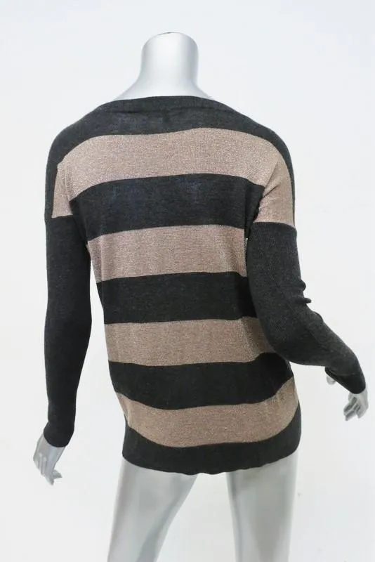 Vince Cashmere Sweater Charcoal/Gold Metallic Rugby Stripe Pullover Size Small