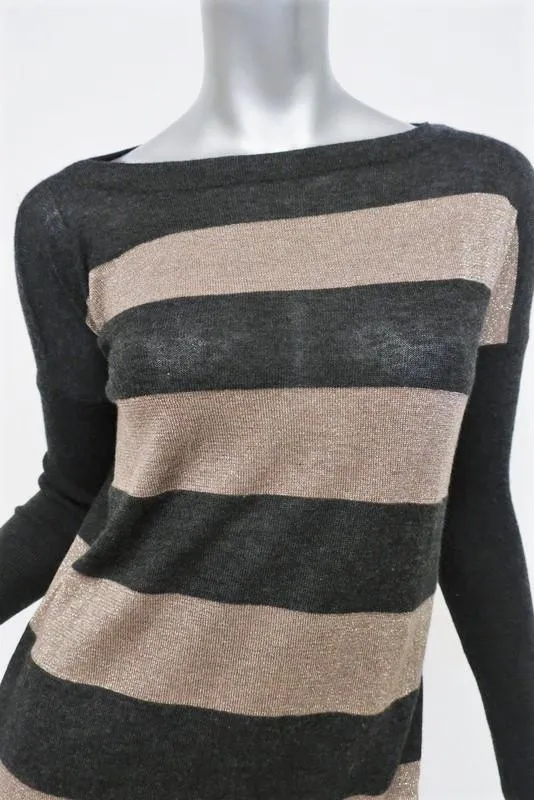 Vince Cashmere Sweater Charcoal/Gold Metallic Rugby Stripe Pullover Size Small