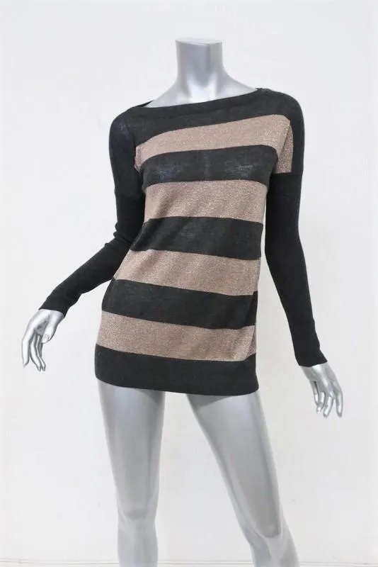 Vince Cashmere Sweater Charcoal/Gold Metallic Rugby Stripe Pullover Size Small