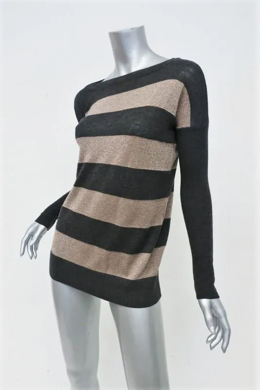 Vince Cashmere Sweater Charcoal/Gold Metallic Rugby Stripe Pullover Size Small