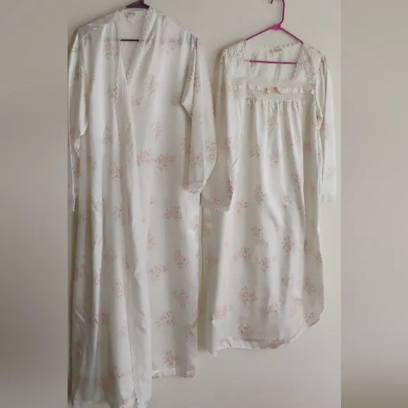 Vintage Barbizon Satin Lace Gown &amp; Robe Floral Peach White Maxi Long MEDIUM 8/10