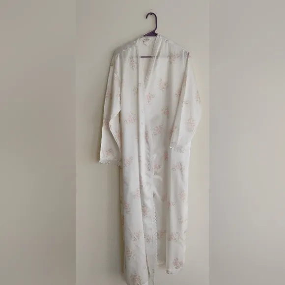 Vintage Barbizon Satin Lace Gown &amp; Robe Floral Peach White Maxi Long MEDIUM 8/10