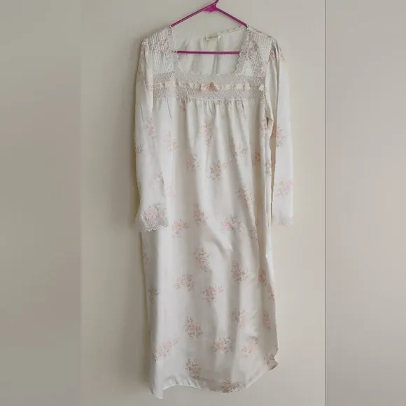 Vintage Barbizon Satin Lace Gown &amp; Robe Floral Peach White Maxi Long MEDIUM 8/10