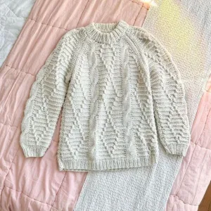 Vintage Ivory Cream Wool Cable Knit Oversized Fishermans Sweater Large XL Womens