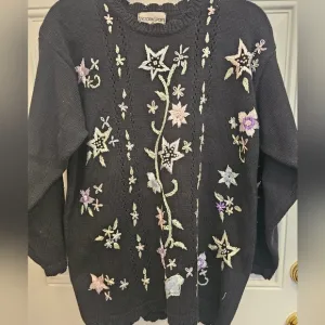 Vintage, knit, black, Victoria, embroidered, casual, sweater, 90s, 2000s, barbie