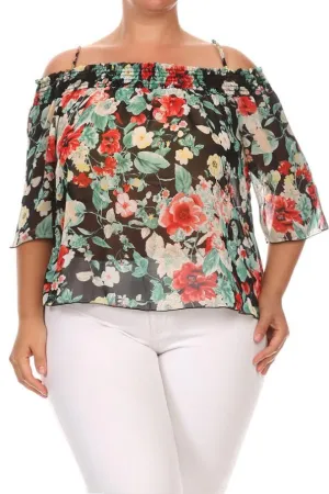 Vivid Flower Sheer Off The Shoulder Sexy Plus Size Top
