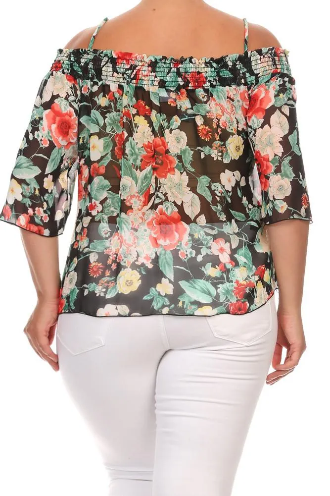 Vivid Flower Sheer Off The Shoulder Sexy Plus Size Top