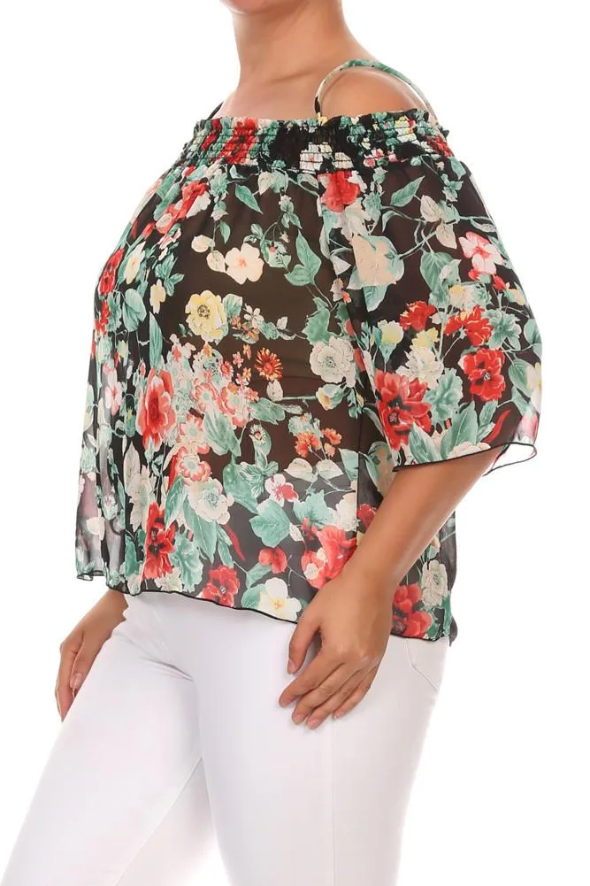 Vivid Flower Sheer Off The Shoulder Sexy Plus Size Top
