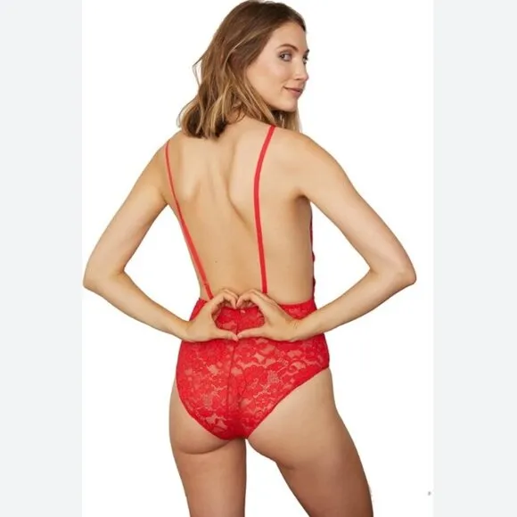 We are HAH Free People NWT Comin' In HAHT Lace Bodysuit - Siren Red - Size Small