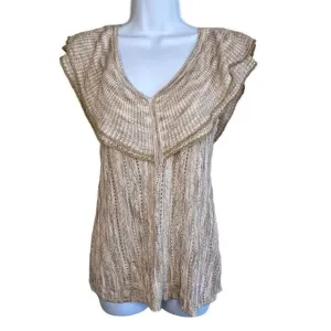 White House Black Market  Ruffled V-Neck Lurex Pullover Sweater Oat Tan Sz S NWT