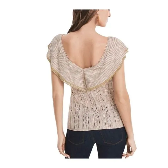 White House Black Market  Ruffled V-Neck Lurex Pullover Sweater Oat Tan Sz S NWT