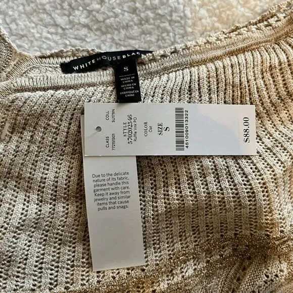 White House Black Market  Ruffled V-Neck Lurex Pullover Sweater Oat Tan Sz S NWT