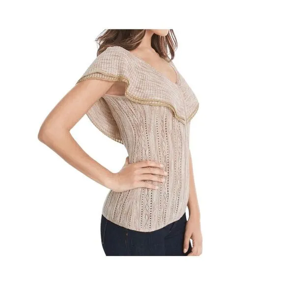 White House Black Market  Ruffled V-Neck Lurex Pullover Sweater Oat Tan Sz S NWT