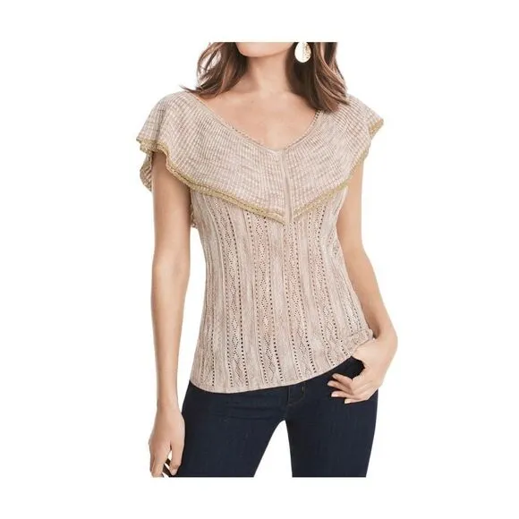 White House Black Market  Ruffled V-Neck Lurex Pullover Sweater Oat Tan Sz S NWT