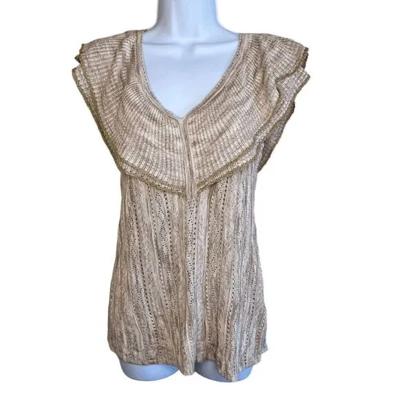 White House Black Market  Ruffled V-Neck Lurex Pullover Sweater Oat Tan Sz S NWT