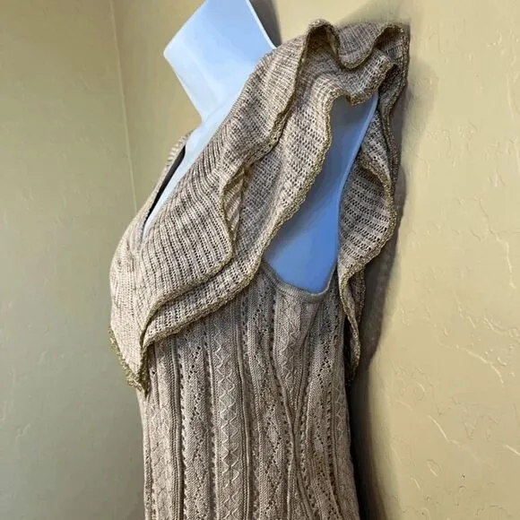 White House Black Market  Ruffled V-Neck Lurex Pullover Sweater Oat Tan Sz S NWT