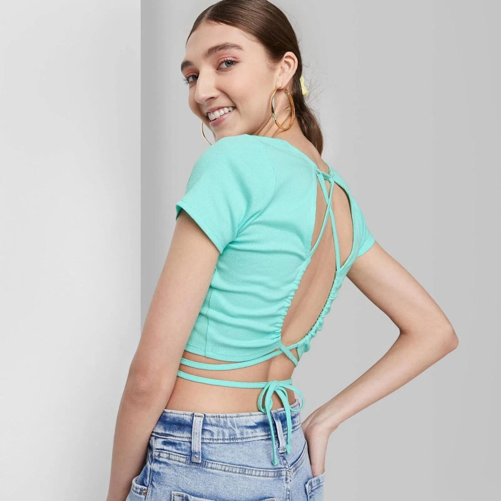 Wild Fable Women's Short Sleeve Lace-Up Back Baby T-Shirt 83873284
