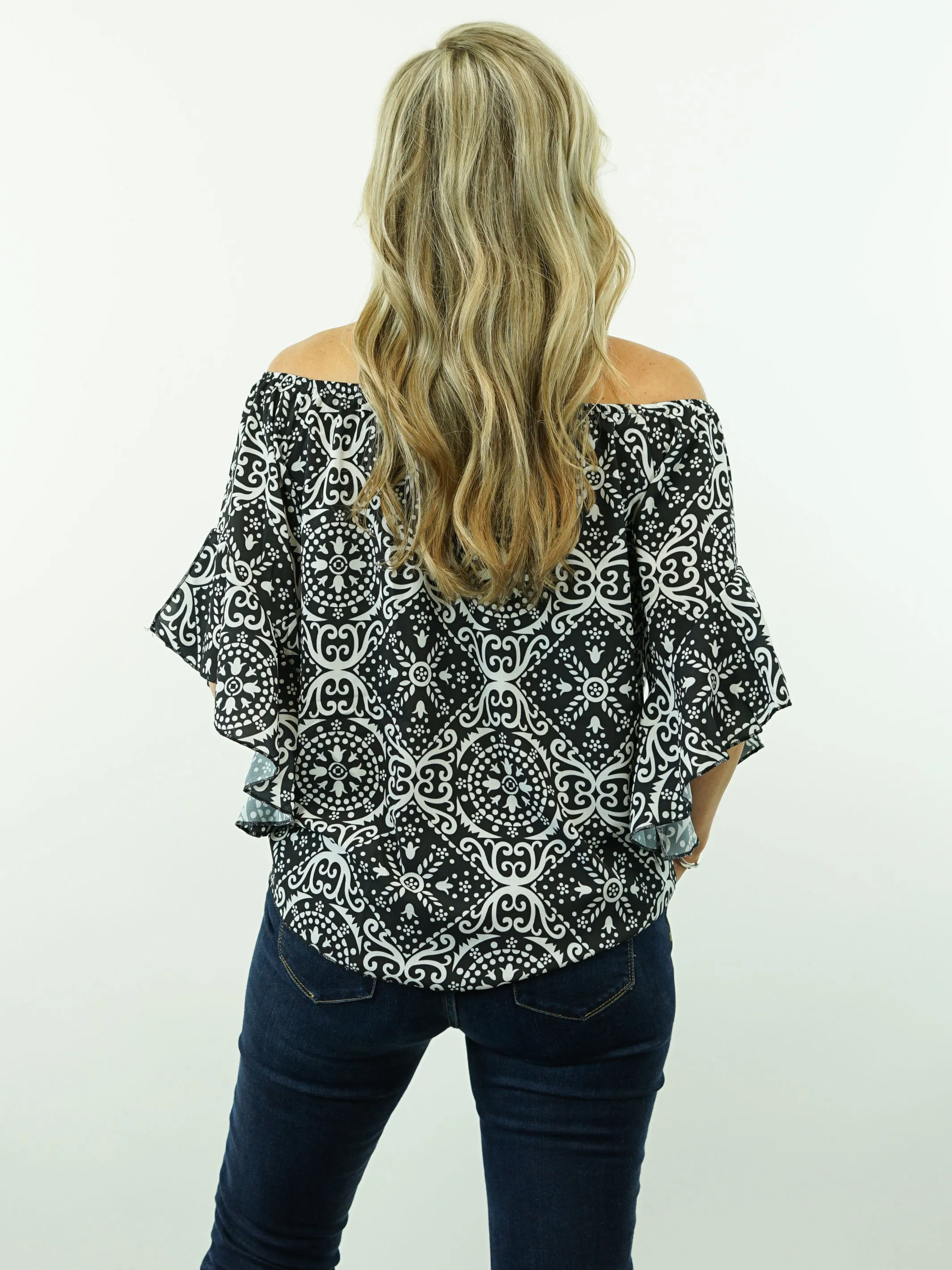 Willa - Black, Off Shoulder/On Shoulder, 3/4 Sleeve, Cowgirl Tie-Knot Top