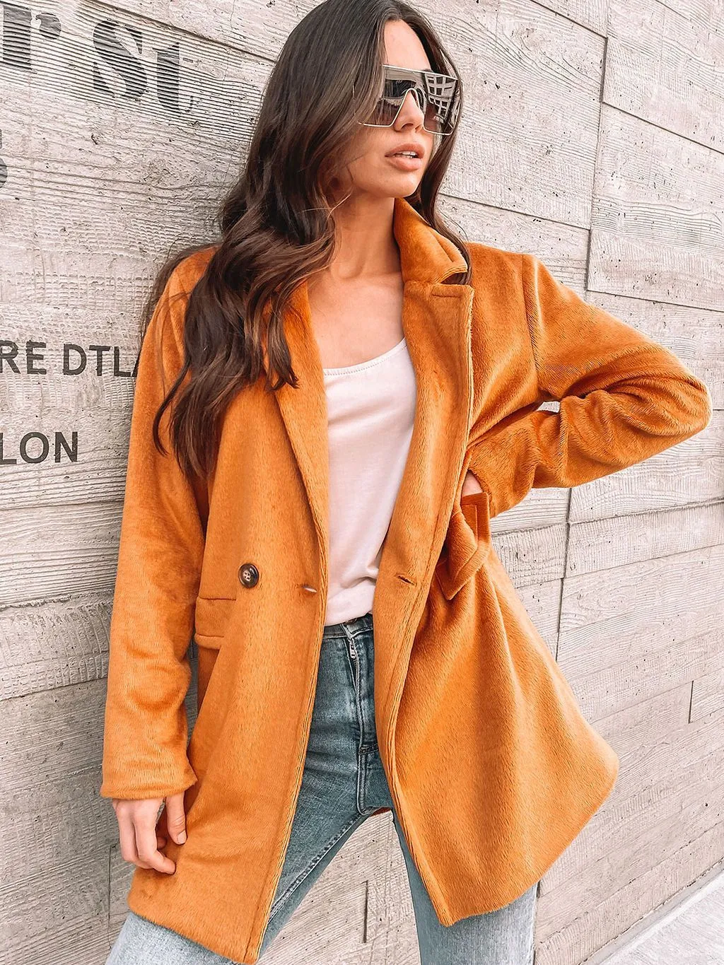 WOMEN'S FUZZY LONG POCKETS COAT