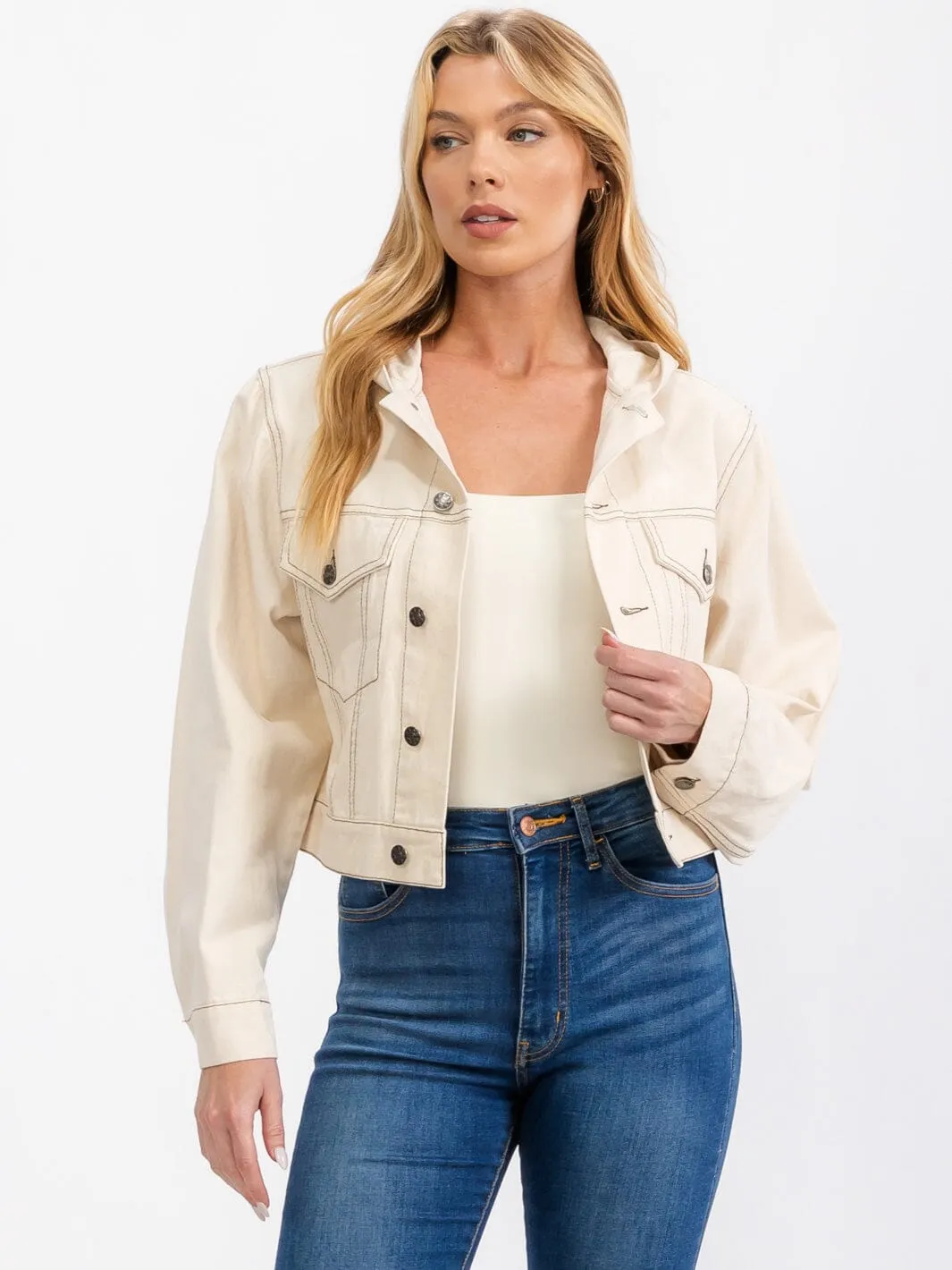 WOMEN'S LONG SLEEVE BUTTON CLOSURE HOODED DENIM JACKET