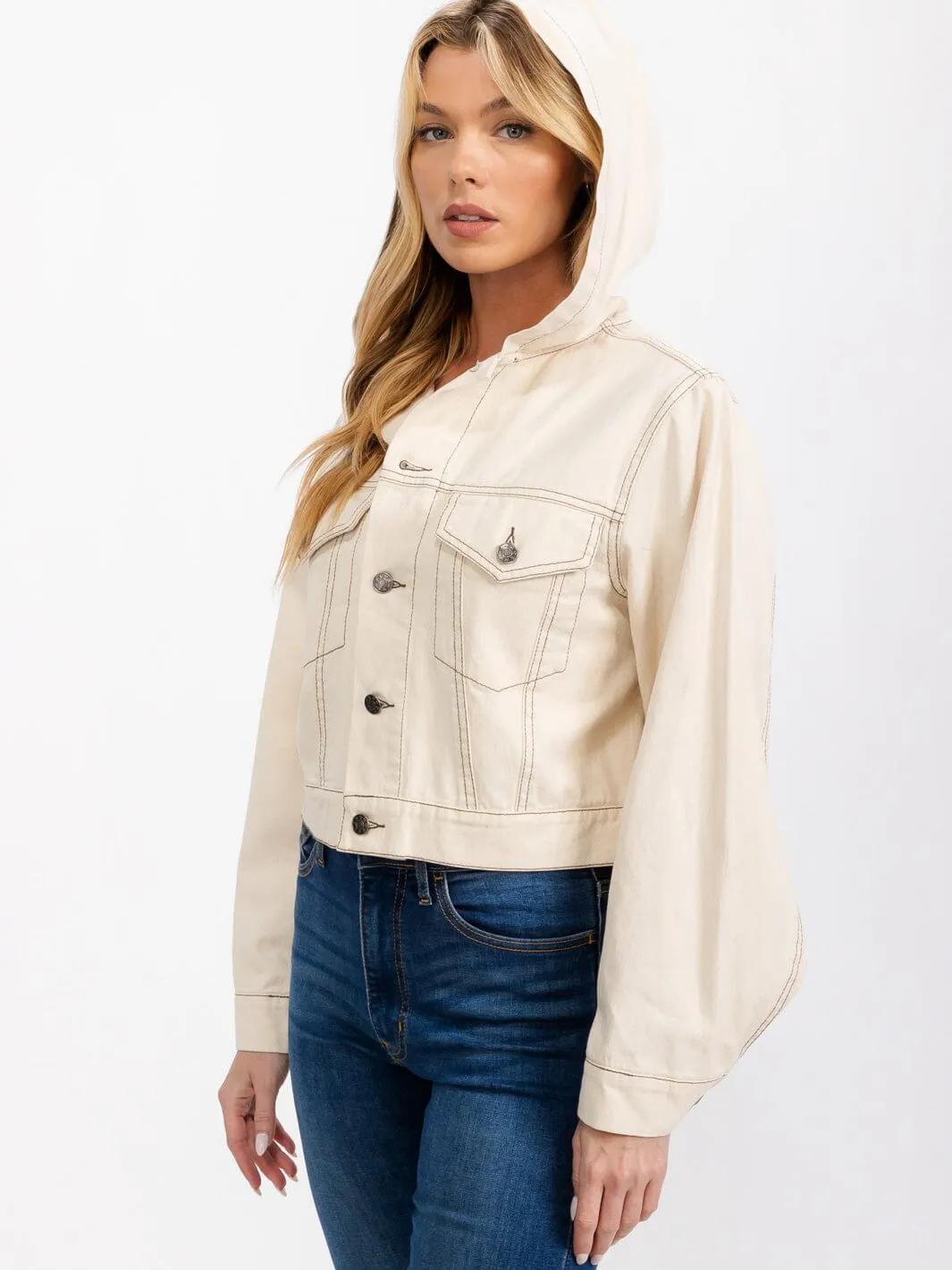WOMEN'S LONG SLEEVE BUTTON CLOSURE HOODED DENIM JACKET