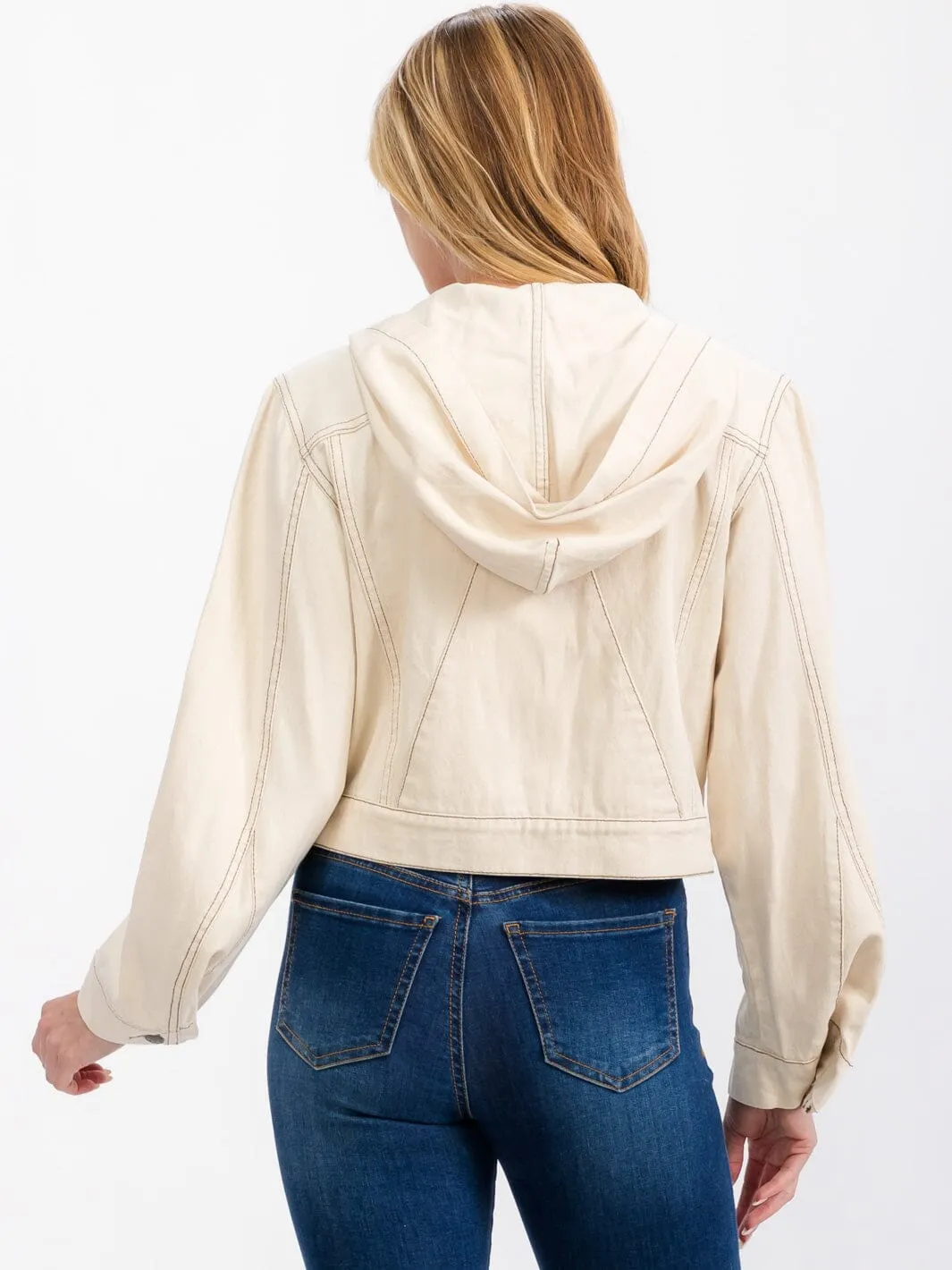 WOMEN'S LONG SLEEVE BUTTON CLOSURE HOODED DENIM JACKET