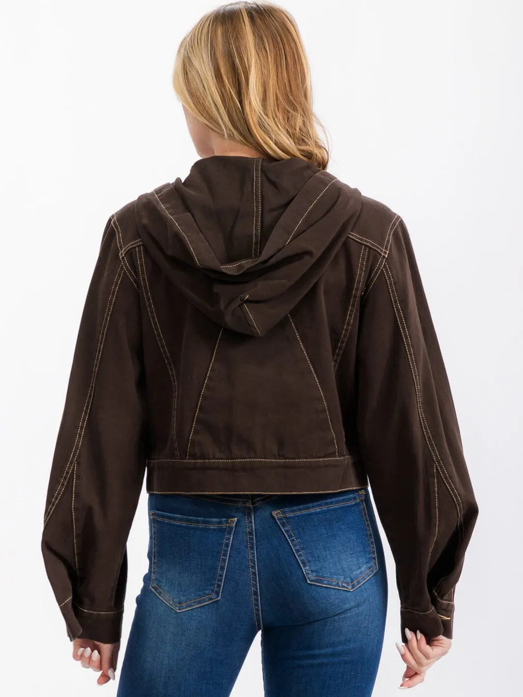 WOMEN'S LONG SLEEVE BUTTON CLOSURE HOODED DENIM JACKET