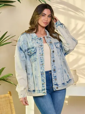 WOMEN'S LONG SLEEVE BUTTON CLOSURE PEARL DENIM JACKET