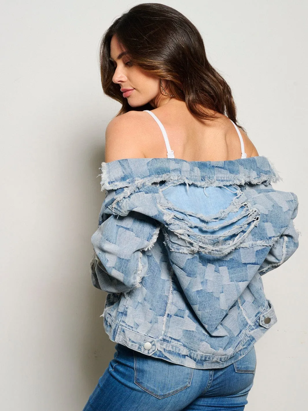 WOMEN'S LONG SLEEVE BUTTON CLOSURE POCKETS COLORBLOCK DENIM JACKET