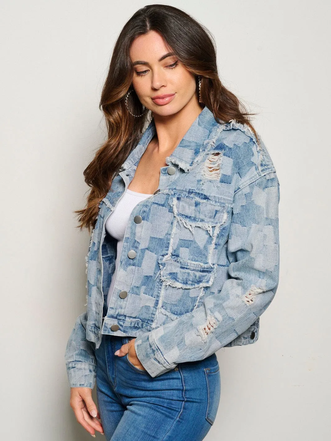 WOMEN'S LONG SLEEVE BUTTON CLOSURE POCKETS COLORBLOCK DENIM JACKET