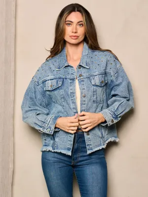 WOMEN'S LONG SLEEVE BUTTON CLOSURE STUDS DETAILED DENIM JACKET