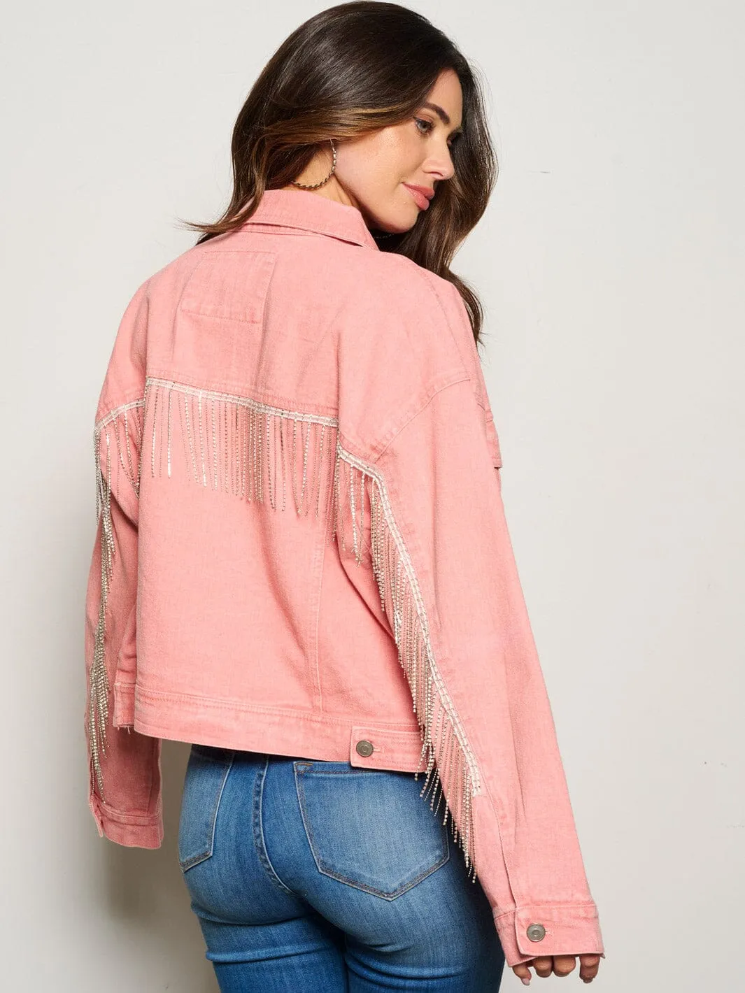 WOMEN'S LONG SLEEVE BUTTON CLOSURE STUDS FRINGE DENIM JACKET