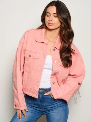 WOMEN'S LONG SLEEVE BUTTON CLOSURE STUDS FRINGE DENIM JACKET